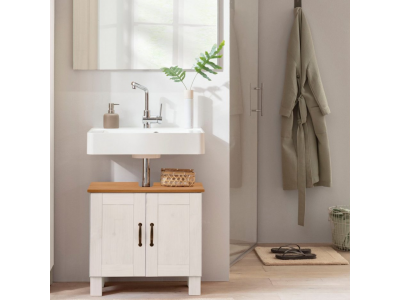 Armário gabinete de pia baixo para banheiro na cor branco lavado com honey com duas portas / coleção Alby 